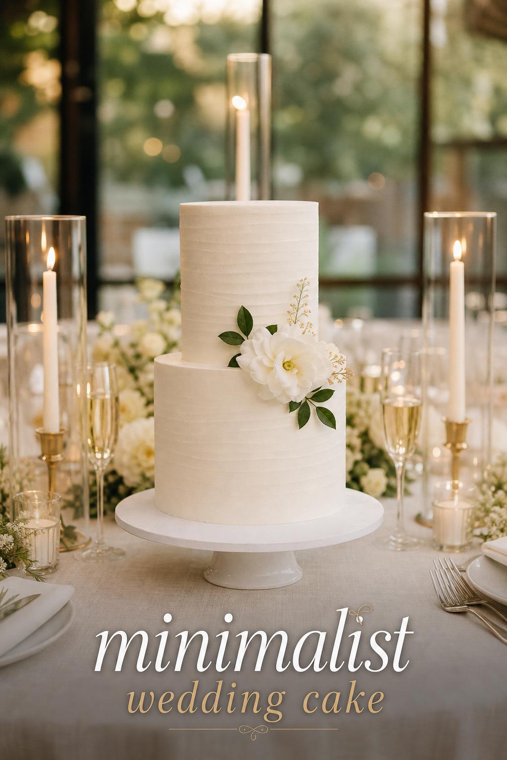 Minimalist wedding cake at an elegant candlelit reception with neutral florals and refined editorial styling
