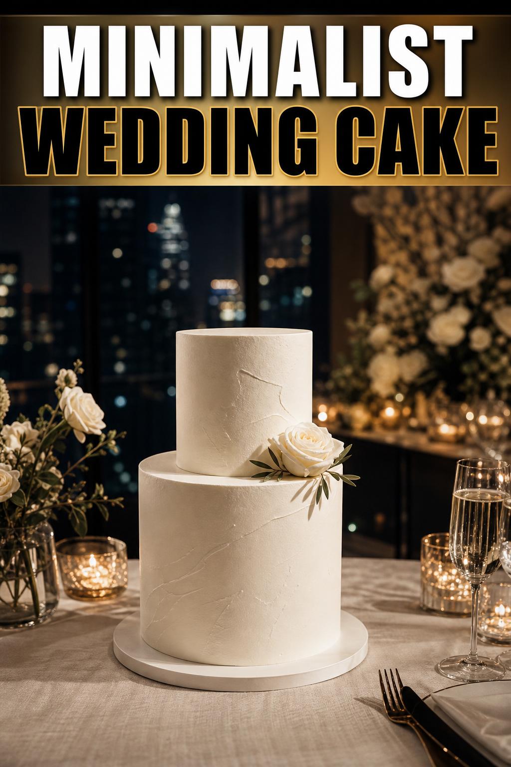 Minimalist wedding cake with smooth white tiers and elegant floral detail at a refined reception