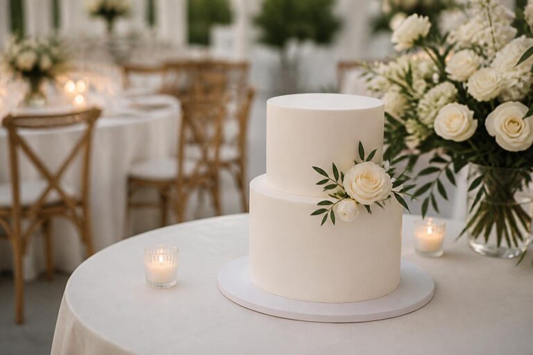 Minimalist wedding cake with smooth ivory tiers and a single floral accent at an elegant reception