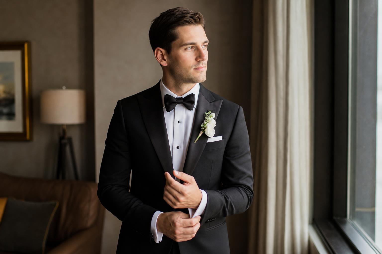 Groom photo with a modern groom adjusting cufflinks by a window before the wedding ceremony