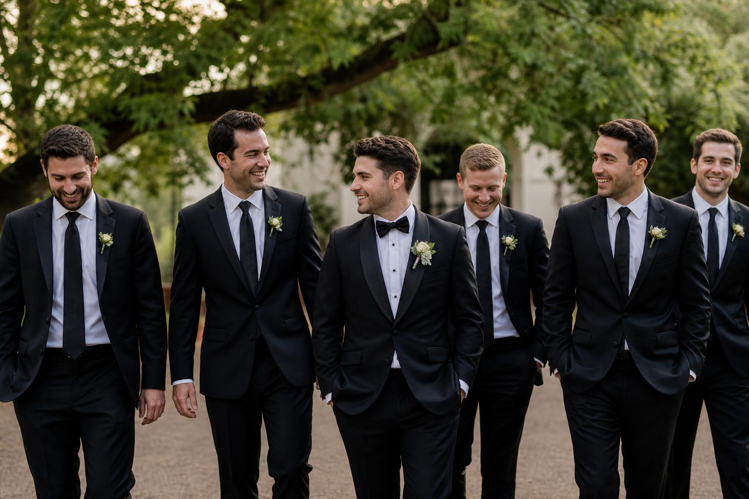 Modern groomsmen photo ideas with groom and friends in tailored suits walking together in soft natural light