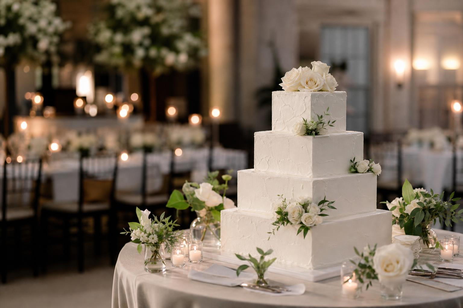 Modern square wedding cake with smooth white tiers on an elegant reception dessert table