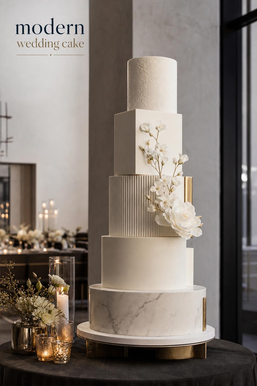 Modern wedding cake in a chic candlelit loft, tall ivory geometric tiers with minimal florals and elegant tablescape details