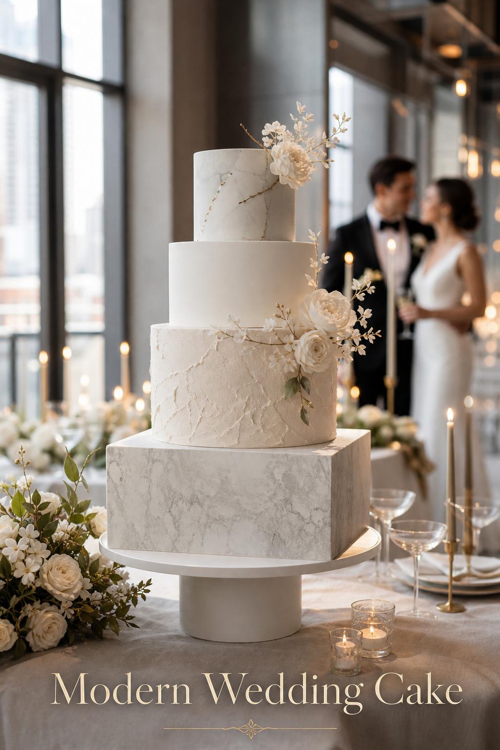 Modern wedding cake in an airy city loft ballroom with candlelight, sculptural ivory tiers and subtle marble finish