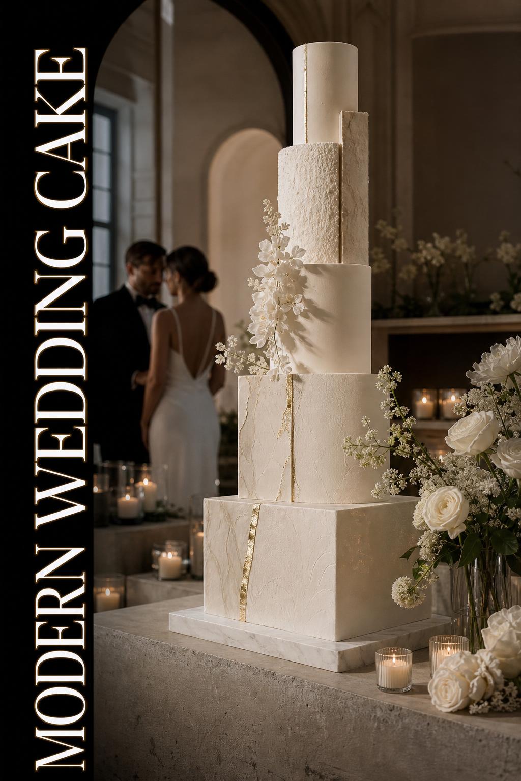 Modern wedding cake in chic loft reception with candlelight, geometric ivory tiers, neutral florals, and elegant "MODERN WEDDING CAKE" text