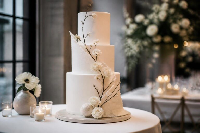 Modern wedding cake with clean white tiers and subtle textured buttercream on a minimalist city reception cake table