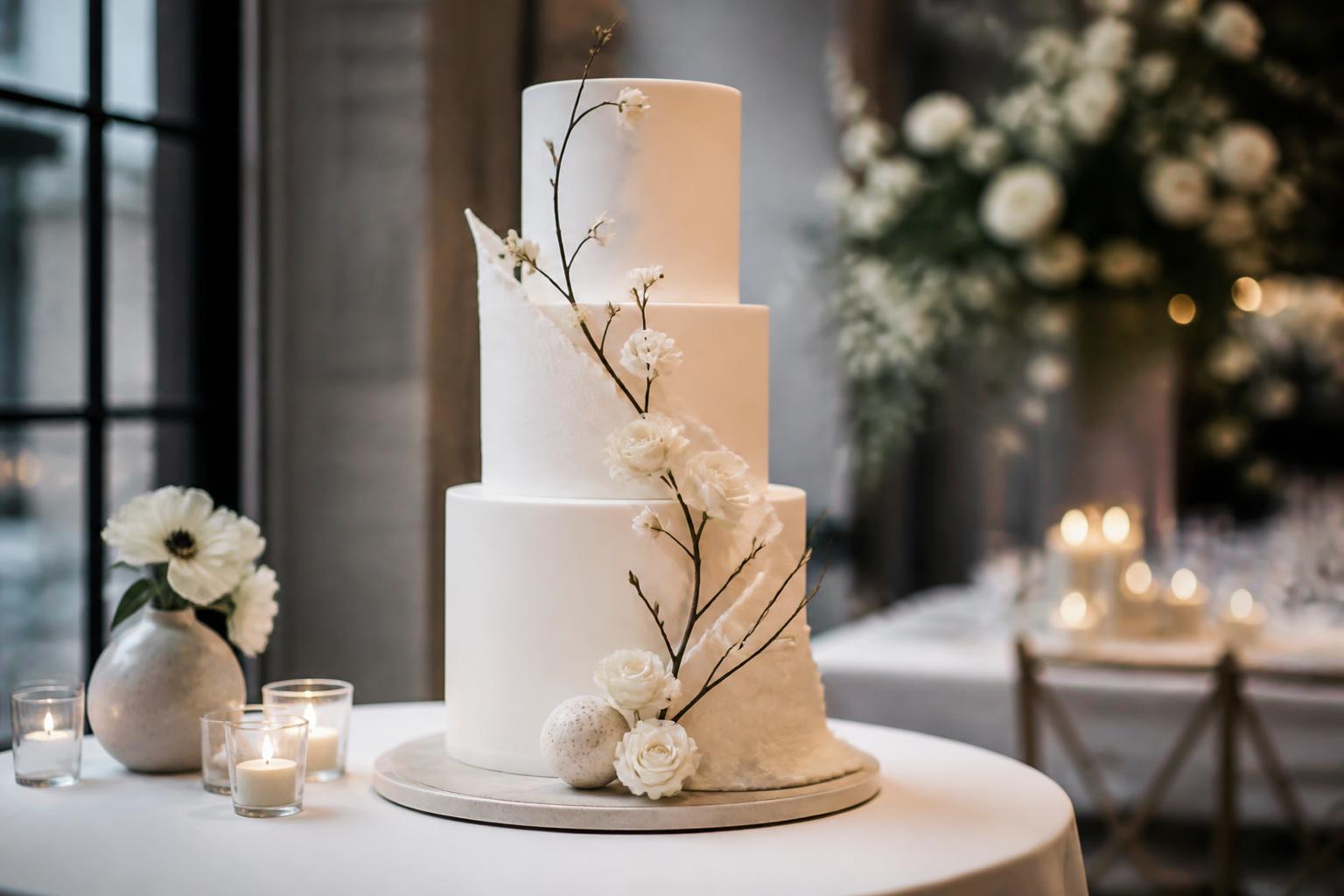 Modern wedding cake with clean white tiers and subtle textured buttercream on a minimalist city reception cake table