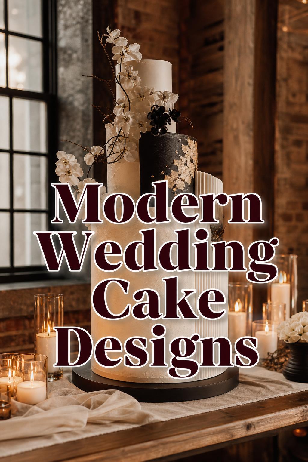 Modern wedding cake designs displayed in a warm, romantic reception with golden-hour light and bold text overlay
