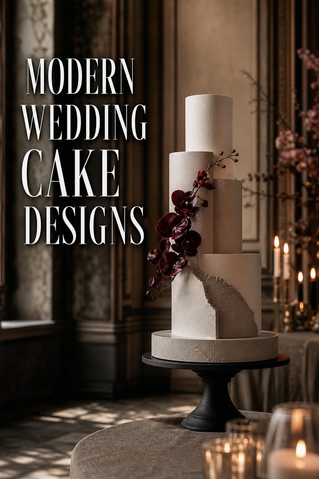 Modern wedding cake designs in an elegant ballroom, sculptural ivory cake with burgundy accent and moody candlelit depth.