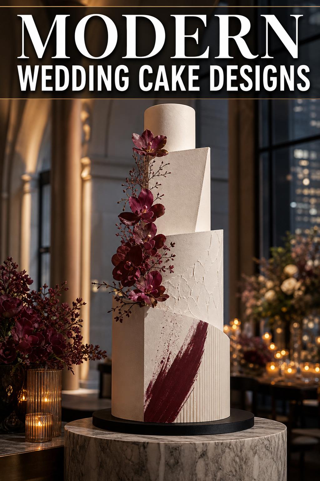 Modern wedding cake designs on an elegant tiered cake with minimalist floral accents at a reception table
