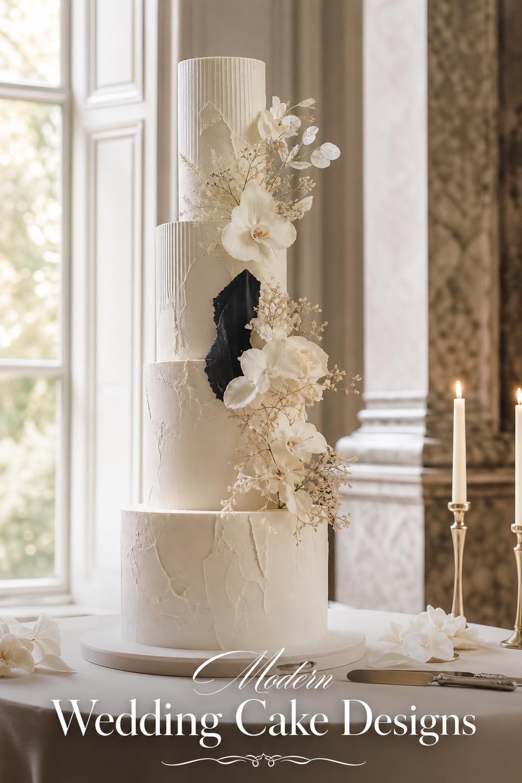 Modern wedding cake designs on a minimalist pedestal in a sunlit historic ballroom with soft florals and candles