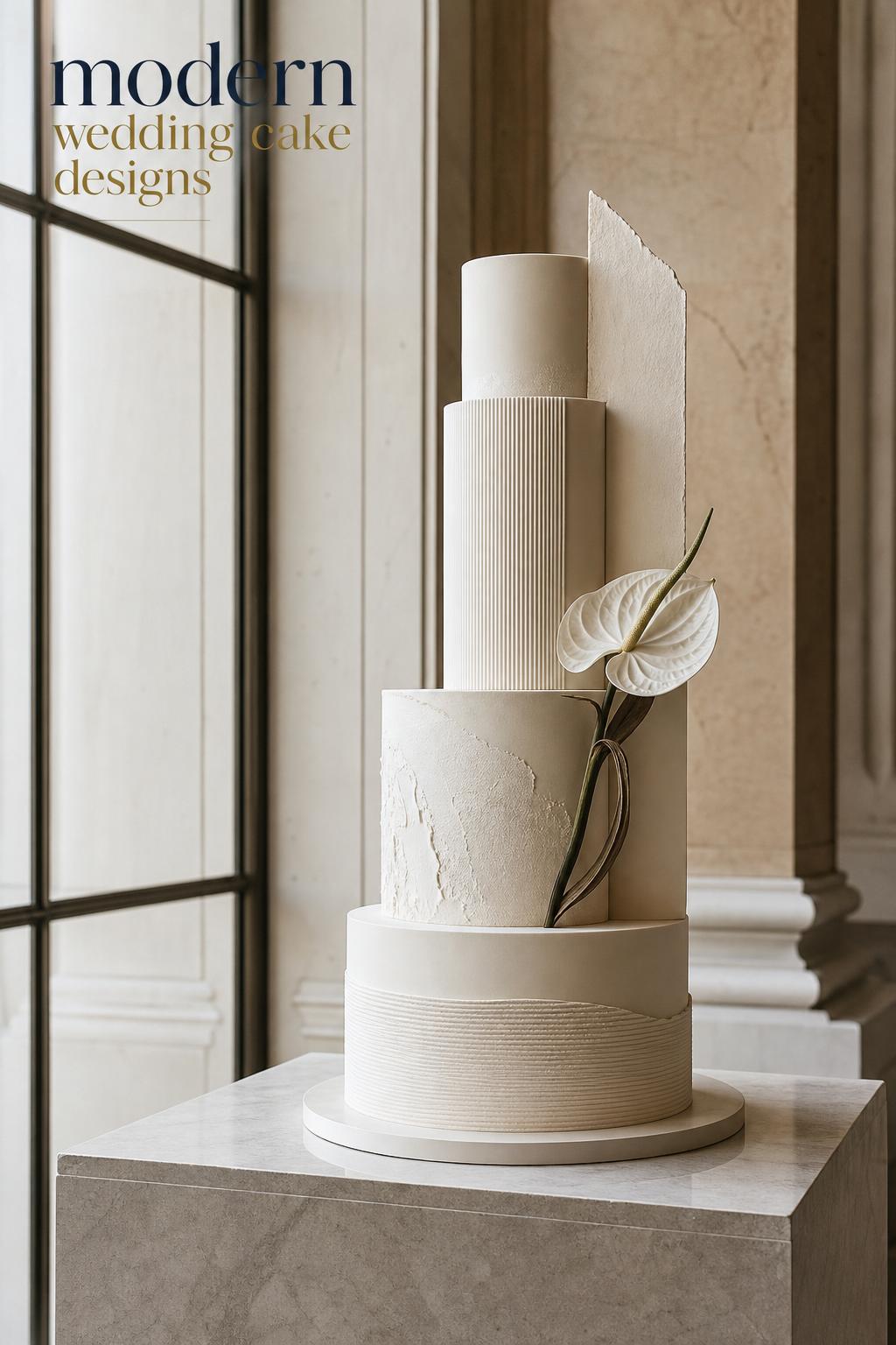 Modern wedding cake designs showcased in a minimalist luxury reception setting with sculptural tiers and soft neutral tones.