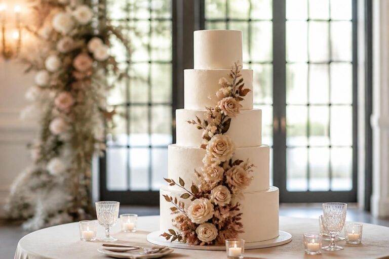 Modern wedding cake designs with all-white textured buttercream tiers and an asymmetric floral accent on a minimalist cake table