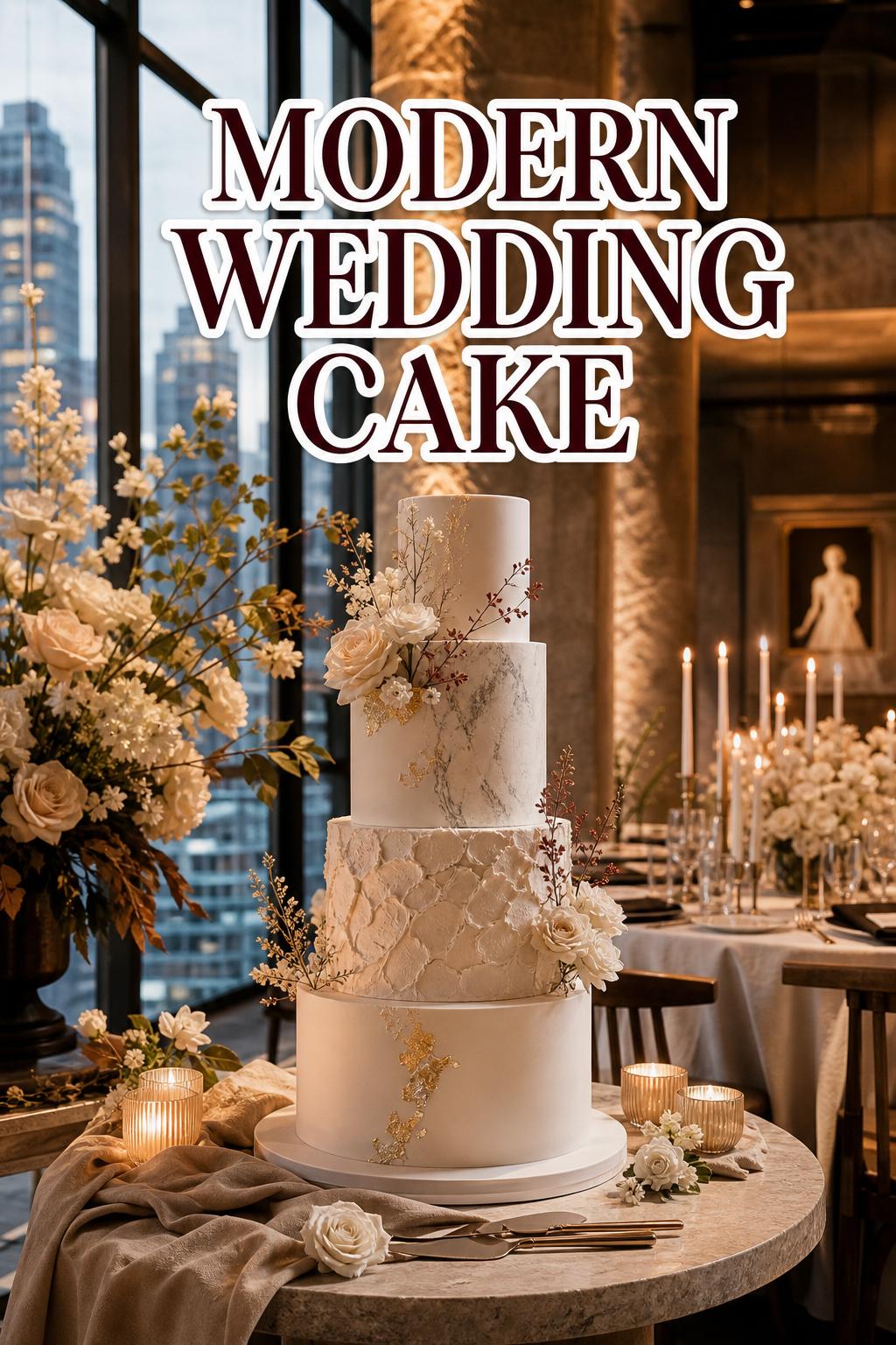 Modern wedding cake on an elegant loft reception display with candles, refined florals, and warm golden-hour lighting