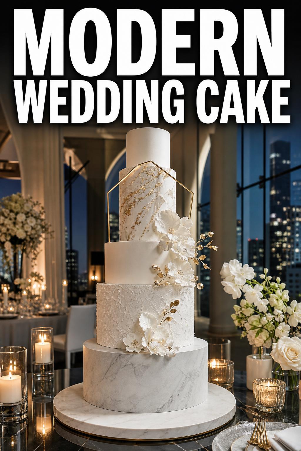 Modern wedding cake with sleek white tiers, minimalist floral accents, and elegant studio lighting