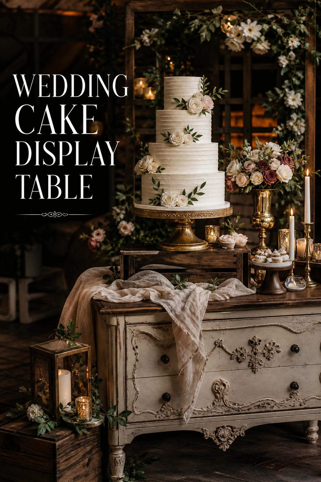 Moody editorial wedding cake display table with rustic wood, antique sideboard, modern stands, candles and garden florals
