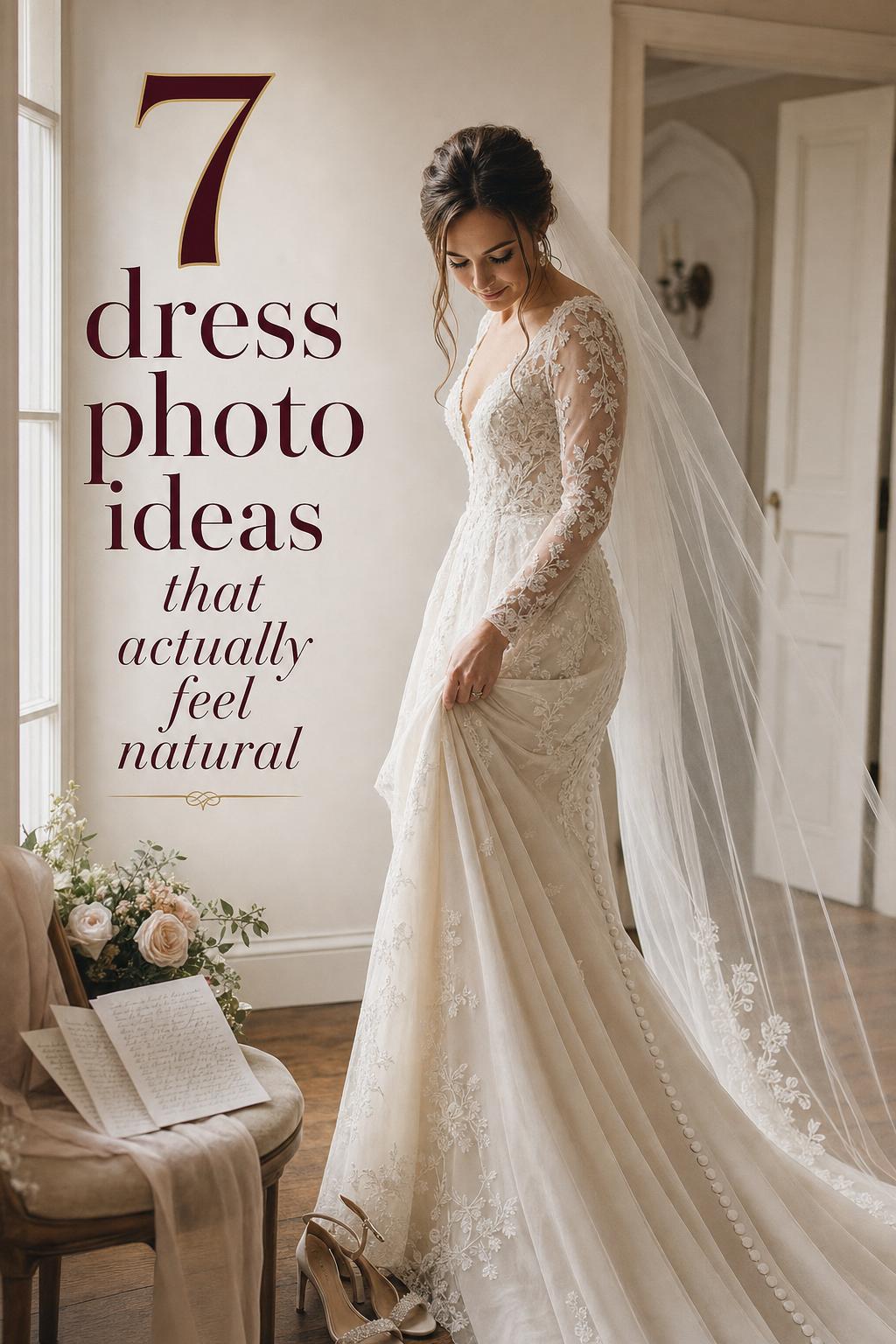 Bride by a window in lace gown and veil, softly gathering her skirt in a bridal suite, showcasing dress photo ideas