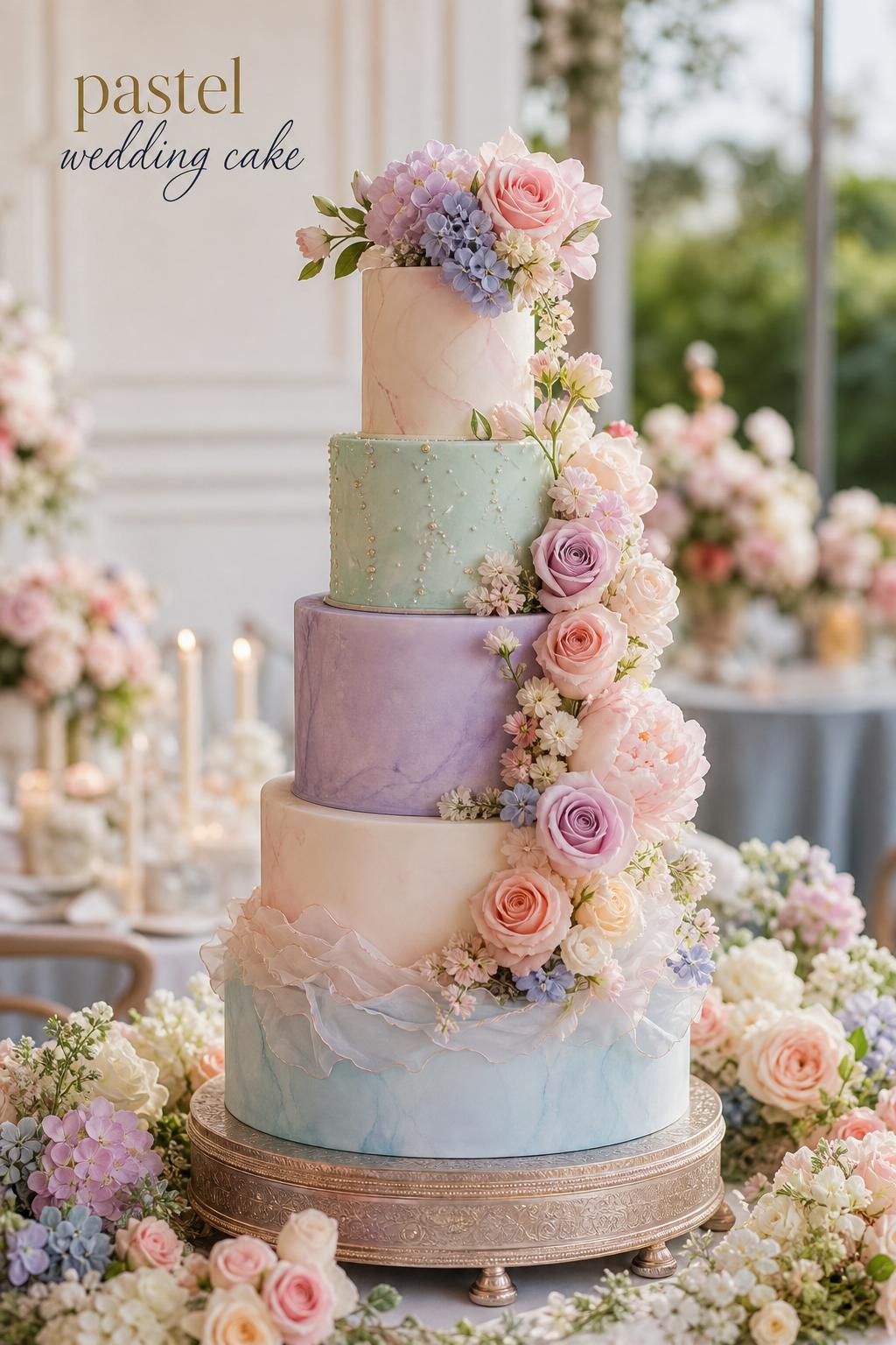Pastel wedding cake centerpiece with floral cascades in a romantic luxury reception setting