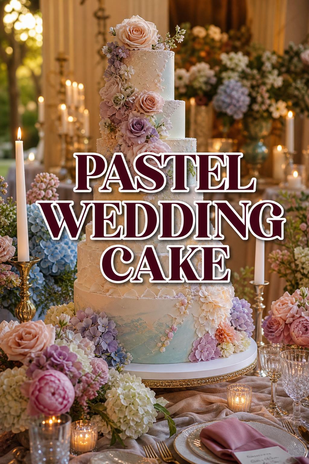 Pastel wedding cake with florals and candlelight in a romantic editorial reception setting