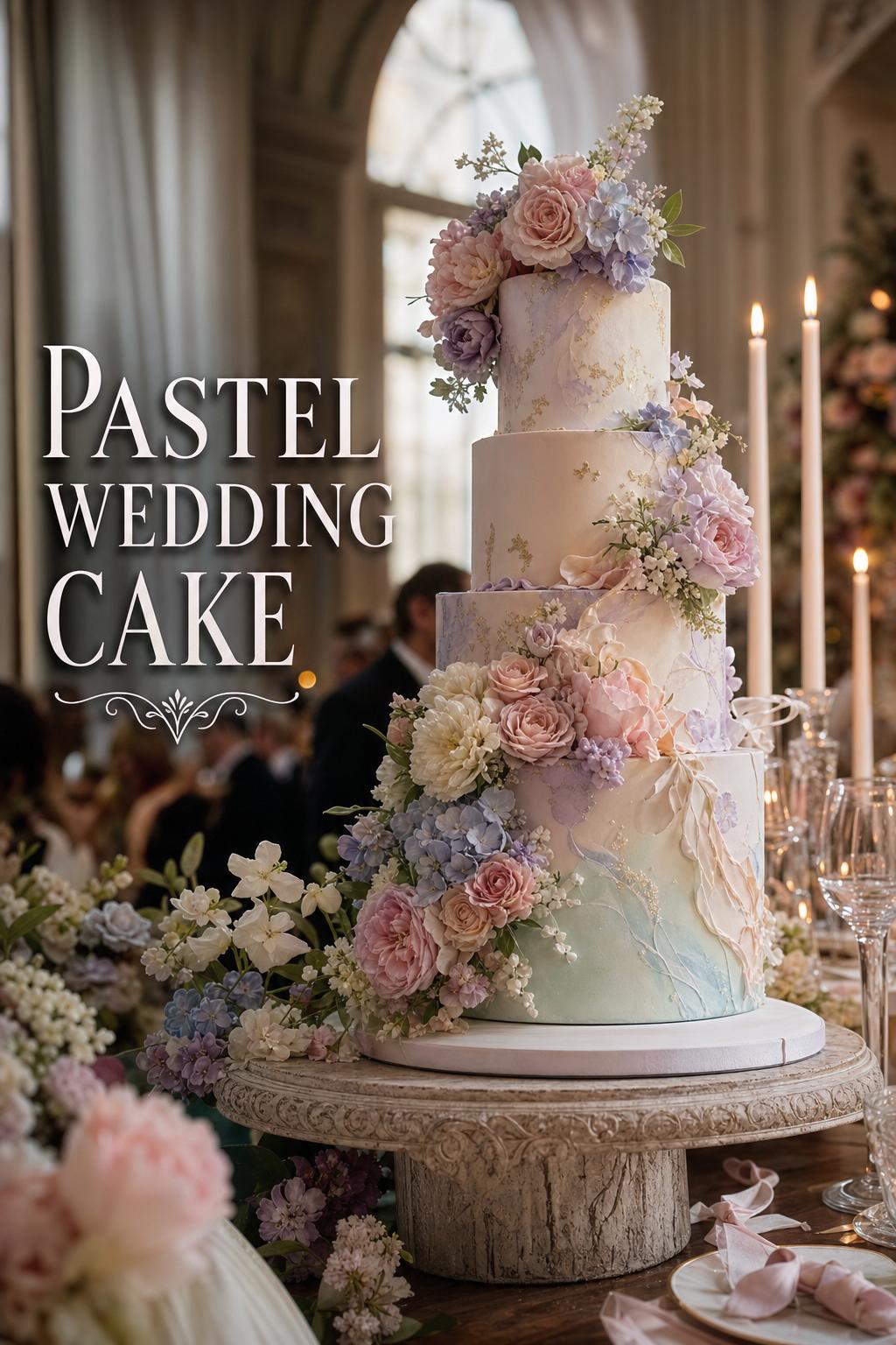 Pastel wedding cake with floral tiers and candlelit luxury reception decor in a romantic editorial setting