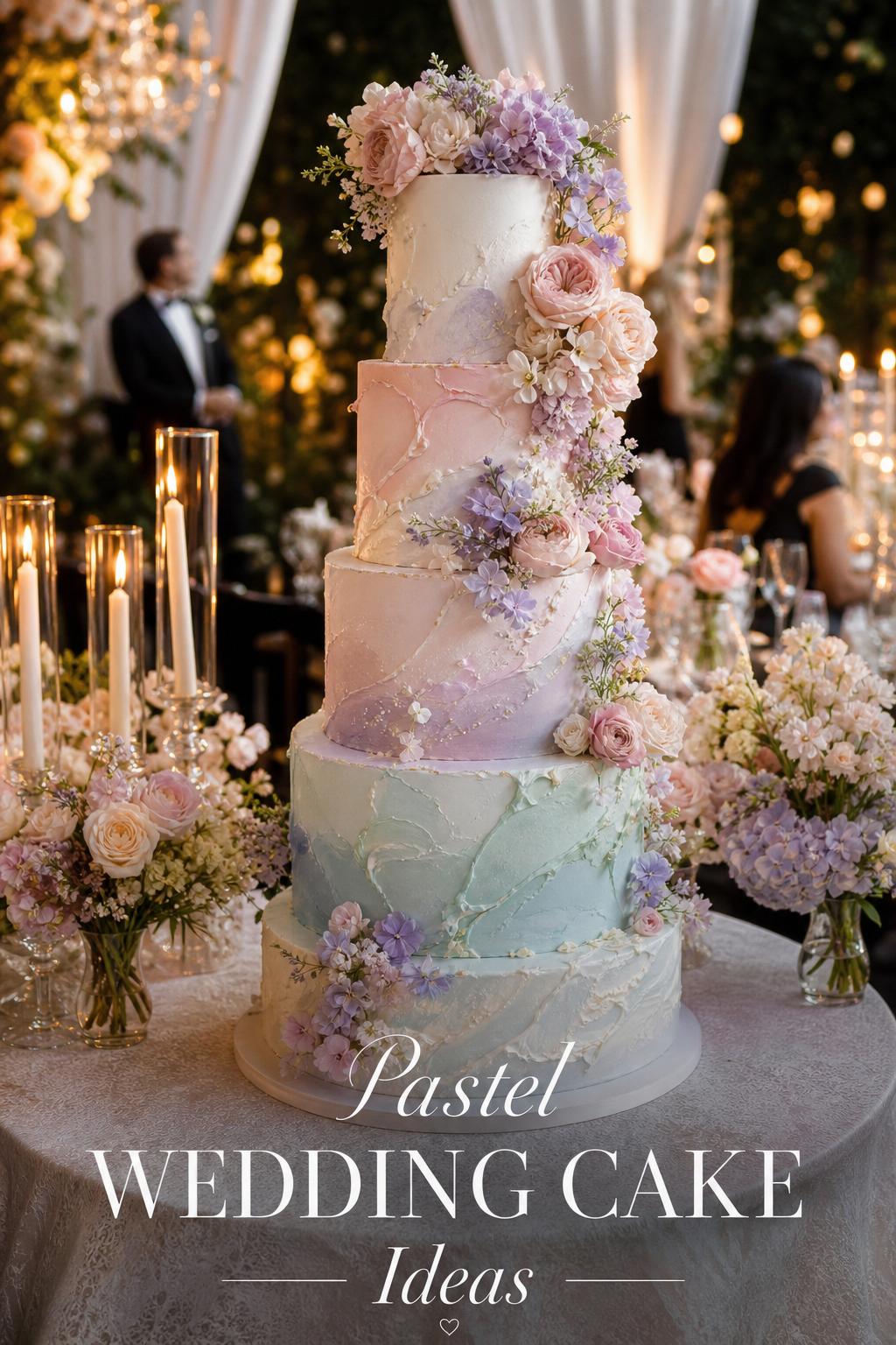 Pastel wedding cake with cascading flowers and candlelit reception decor in a romantic luxury wedding setting