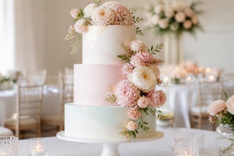 Pastel wedding cake with blush, lilac, and peach florals at a romantic reception