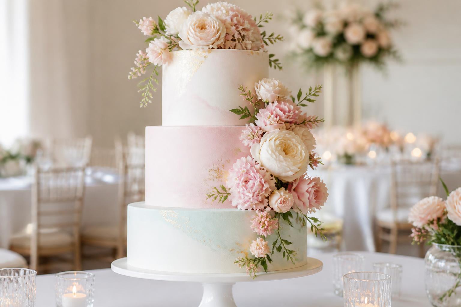 Pastel wedding cake with blush, lilac, and peach florals at a romantic reception