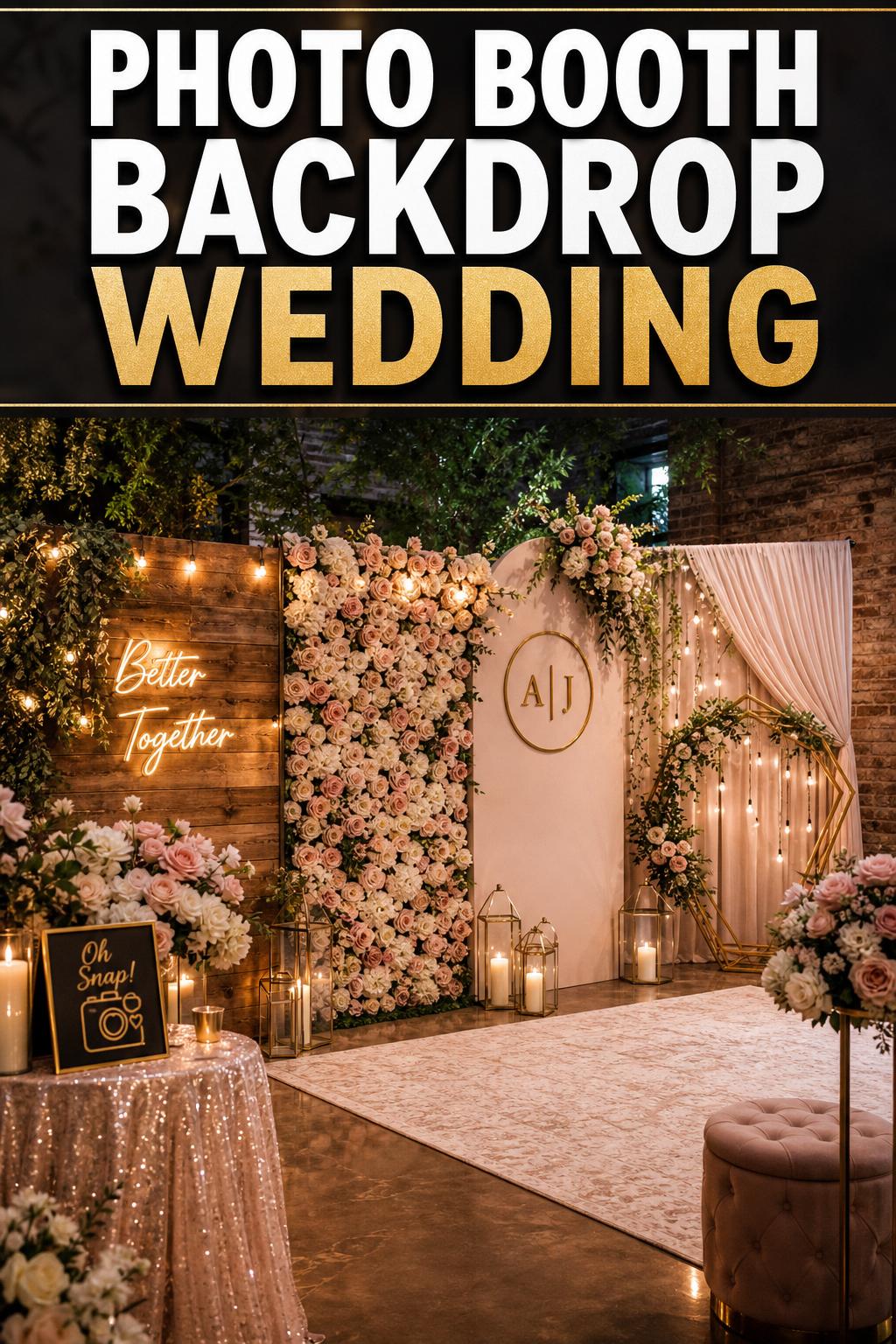 Photo booth backdrop wedding setup with elegant draping, floral accents, and soft lighting for guest photos
