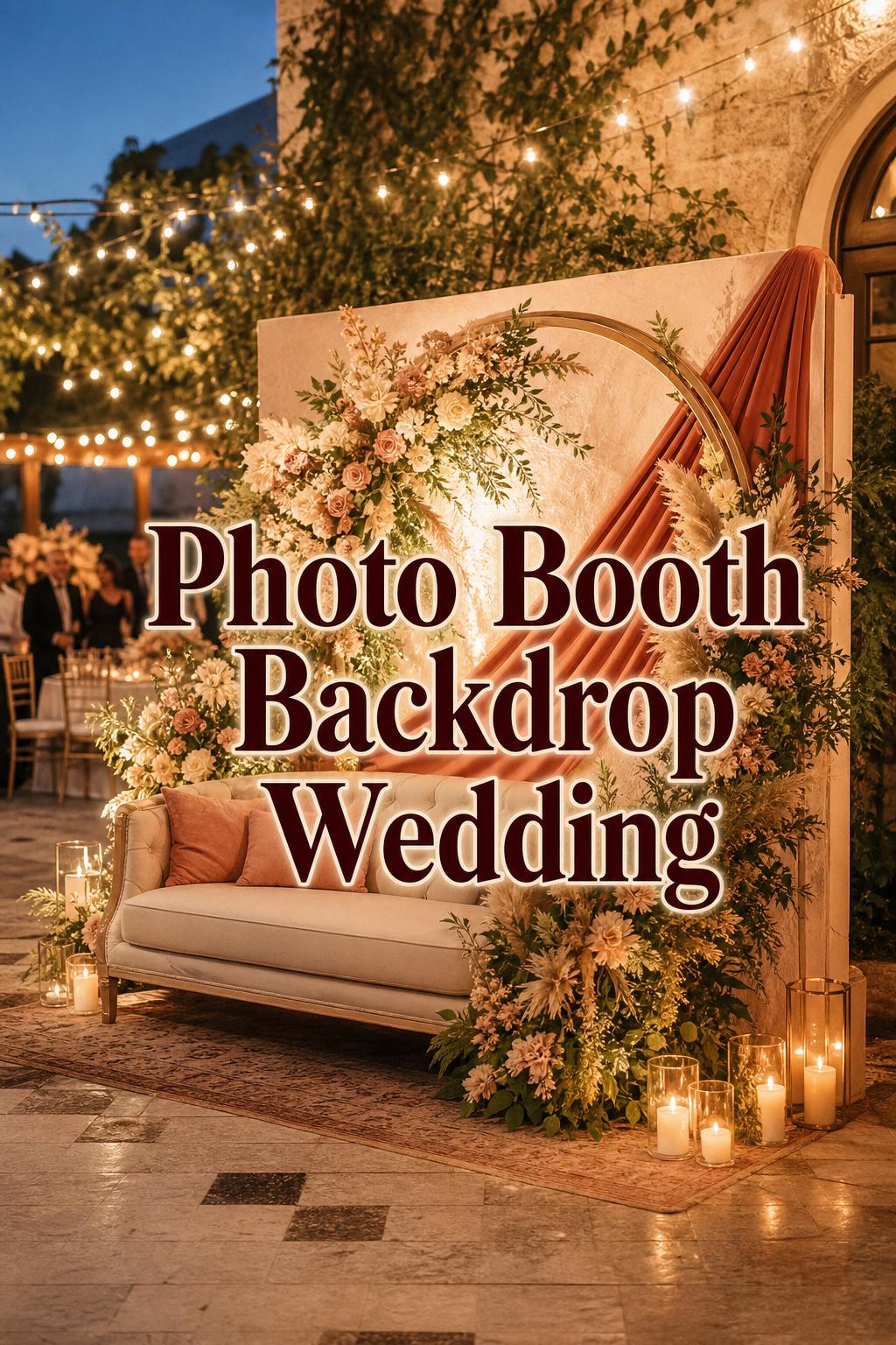 Romantic wedding reception corner with floral draped photo booth backdrop wedding setup in warm golden-hour light