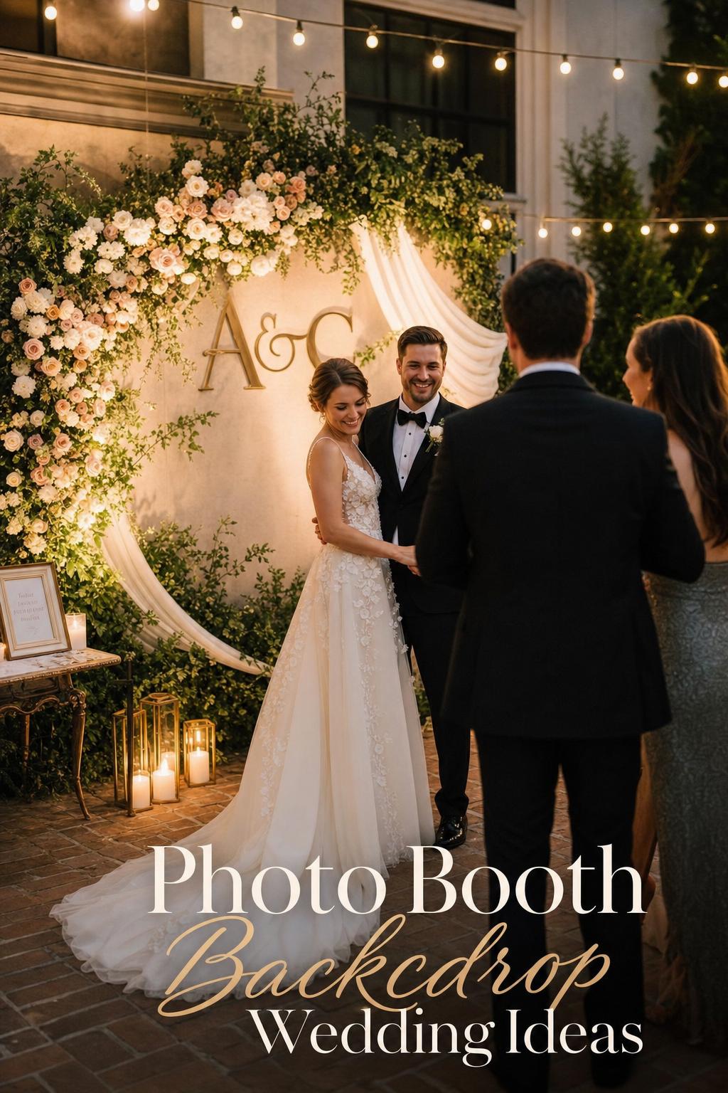 Elegant photo booth backdrop wedding with floral wall, draped fabric, monogram sign, string lights, and candid guests at golden hour