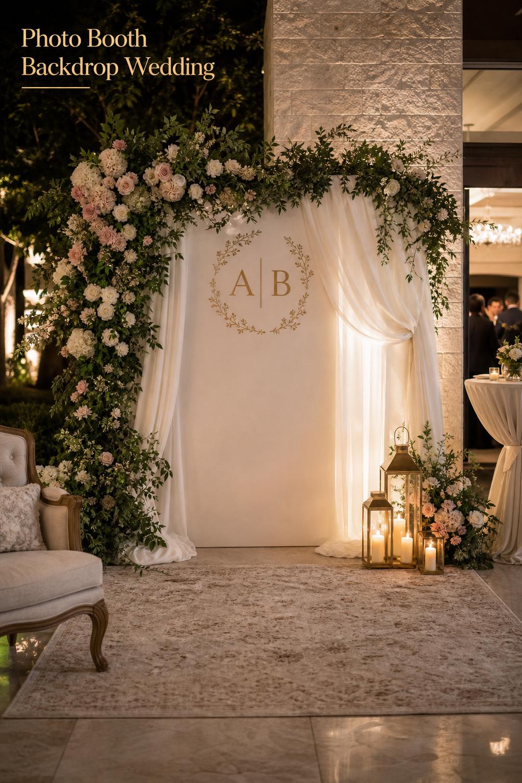 Elegant photo booth backdrop wedding setup with draped fabric, florals, and warm candlelight in a luxury reception setting