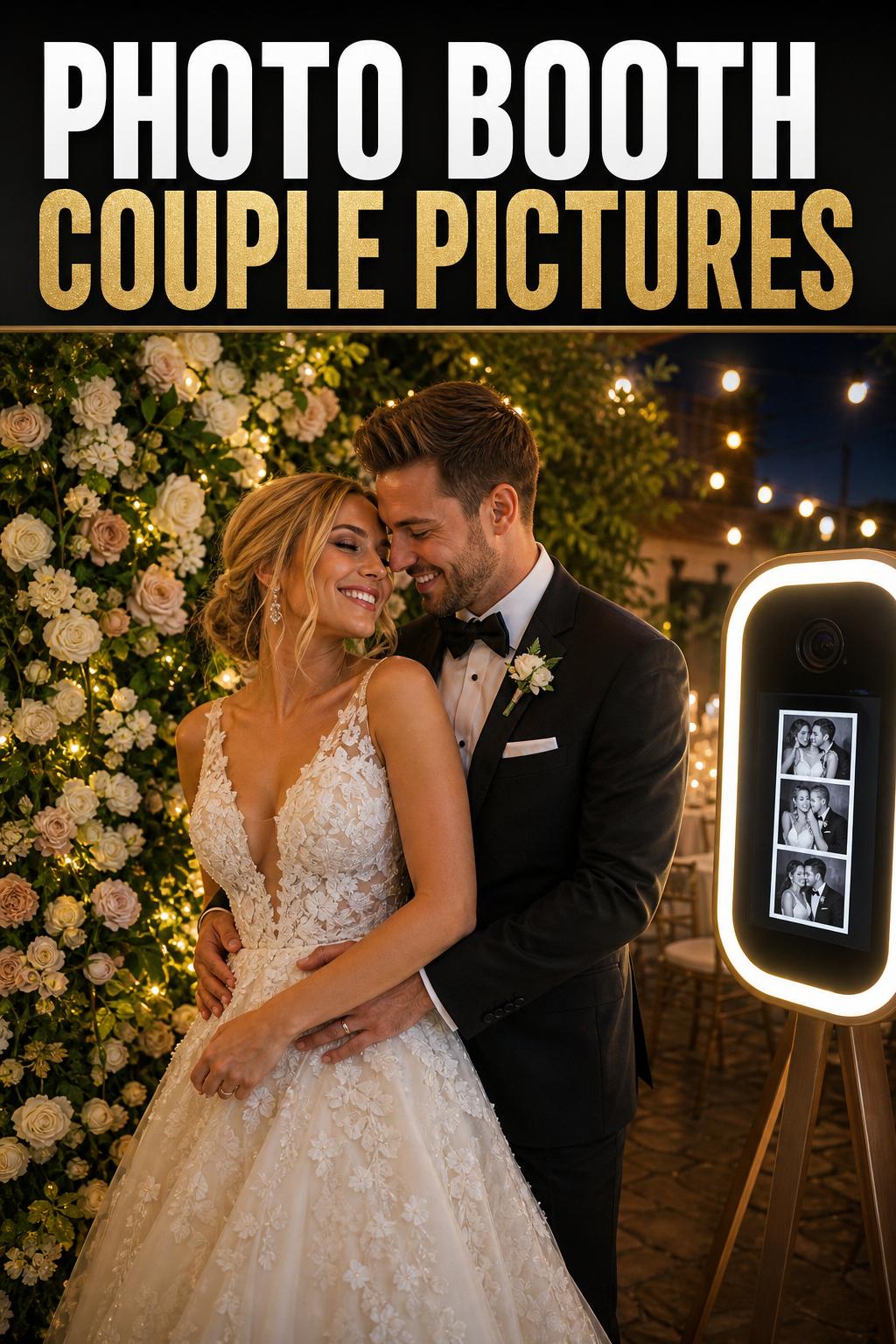 Photo booth couple pictures with a smiling couple posing in a vintage booth, warm lighting and fun props
