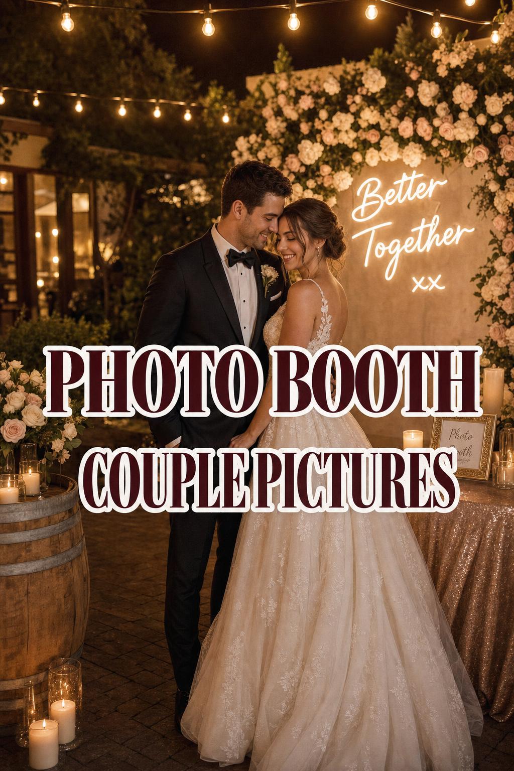 Photo booth couple pictures of bride and groom at a warm golden-hour wedding reception with florals and string lights