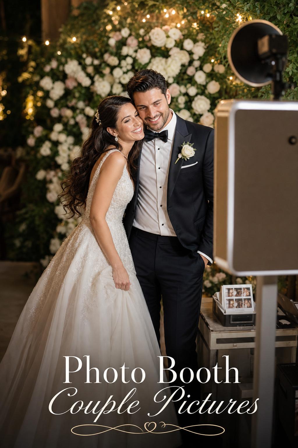 Bride and groom laughing in a floral wedding photo booth, capturing photo booth couple pictures in warm evening light