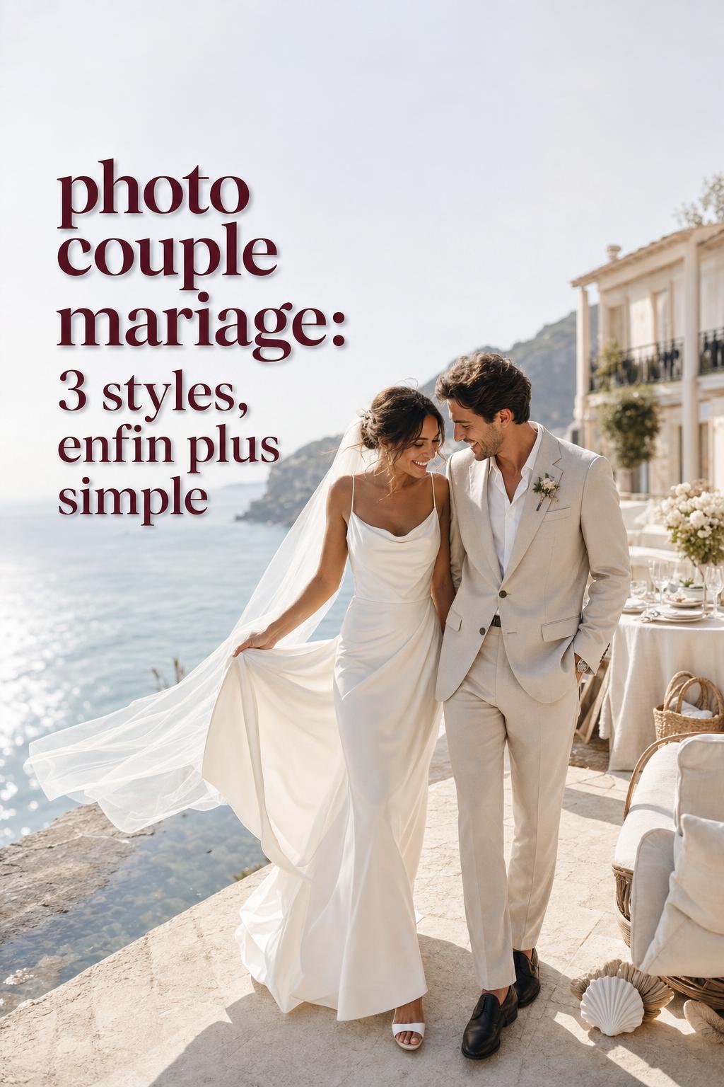 Photo couple mariage at a Mediterranean beach resort, bride and groom walking on a sunlit oceanfront terrace