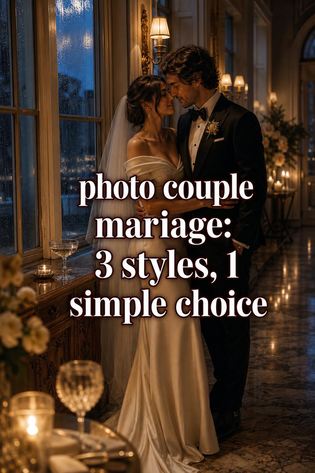 Photo couple mariage at blue hour in a Paris corridor, intimate bride and groom portrait with warm sconces and rain-kissed windows