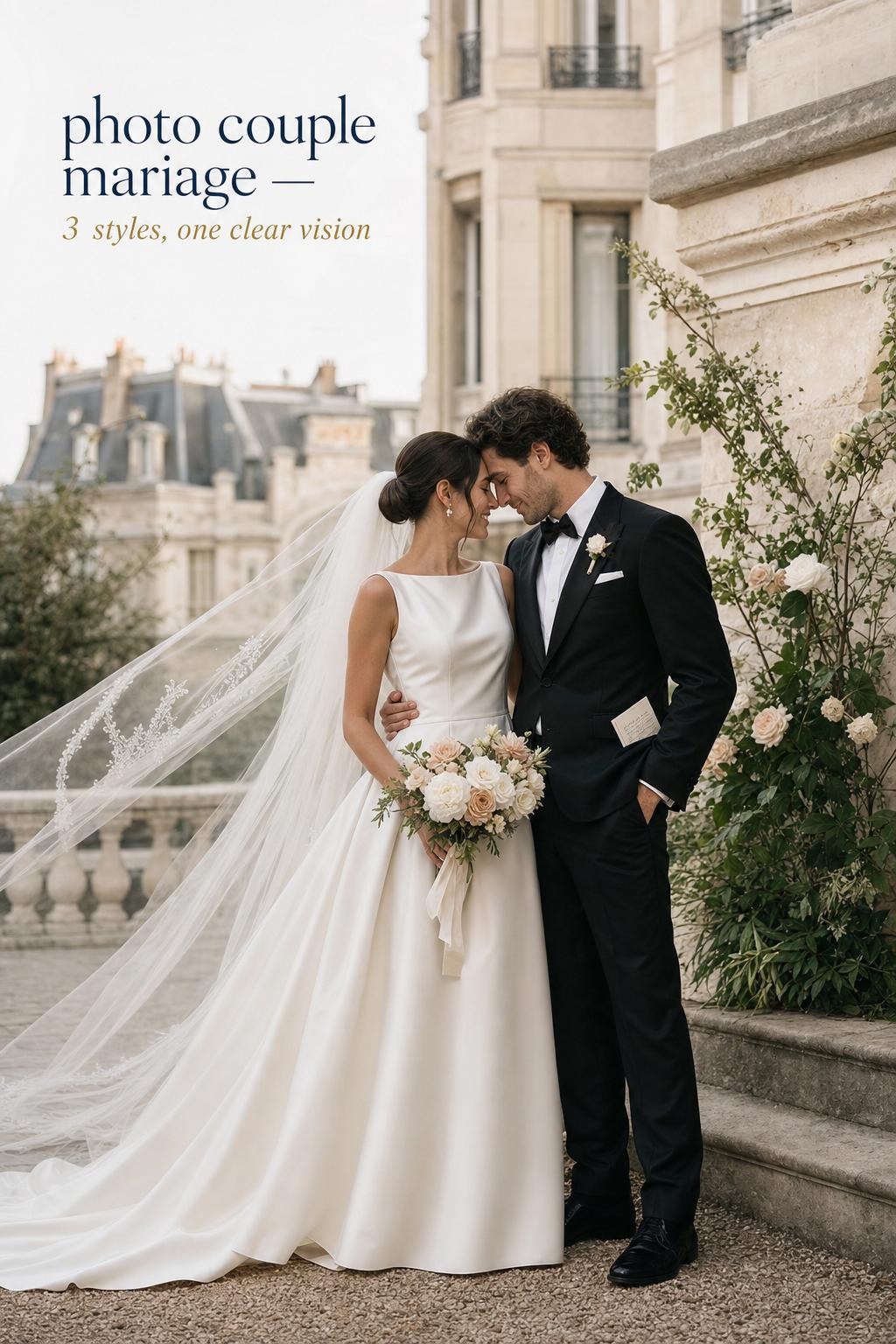 Photo couple mariage in a Paris-inspired stone courtyard, bride in silk gown and veil with groom in black tux holding vow note