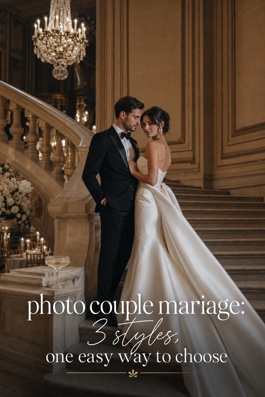 photo couple mariage on a grand Parisian ballroom staircase, bride in ivory satin gown and groom in black tuxedo under chandeliers