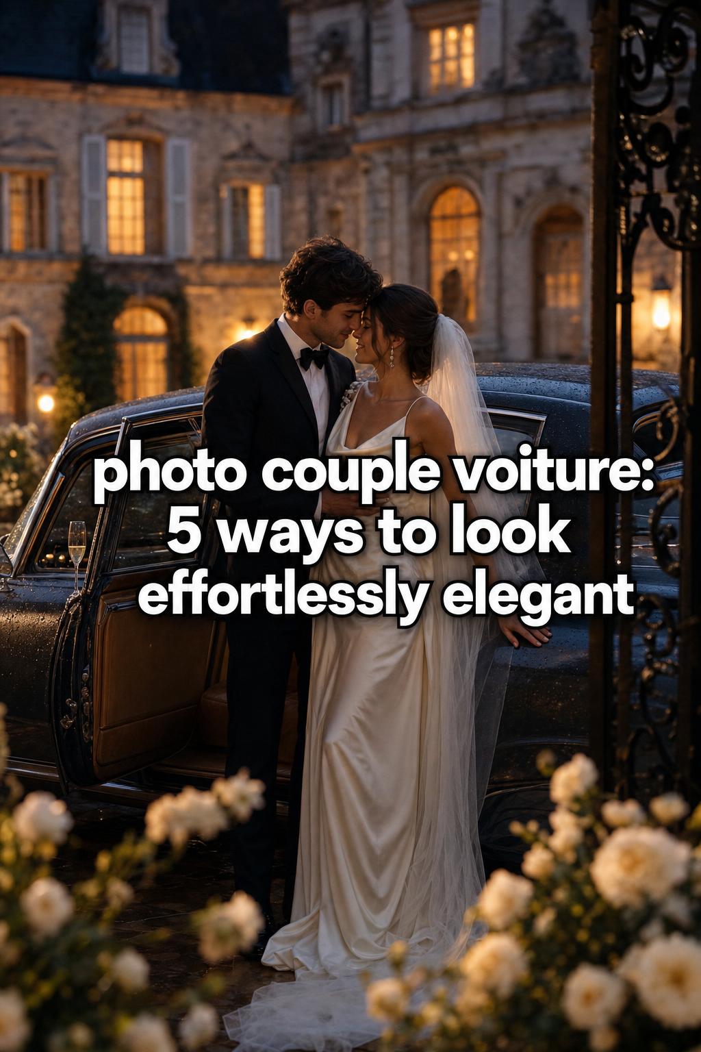 photo couple voiture at blue-hour wedding beside a vintage car outside a grand estate, intimate cinematic portrait