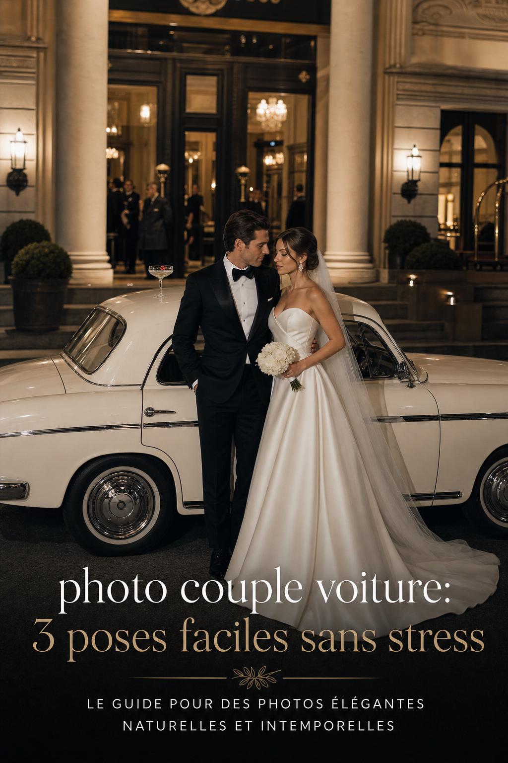 Photo couple voiture noir et ivoire à l’entrée d’un grand hôtel au crépuscule, mariés black tie près d’une voiture vintage