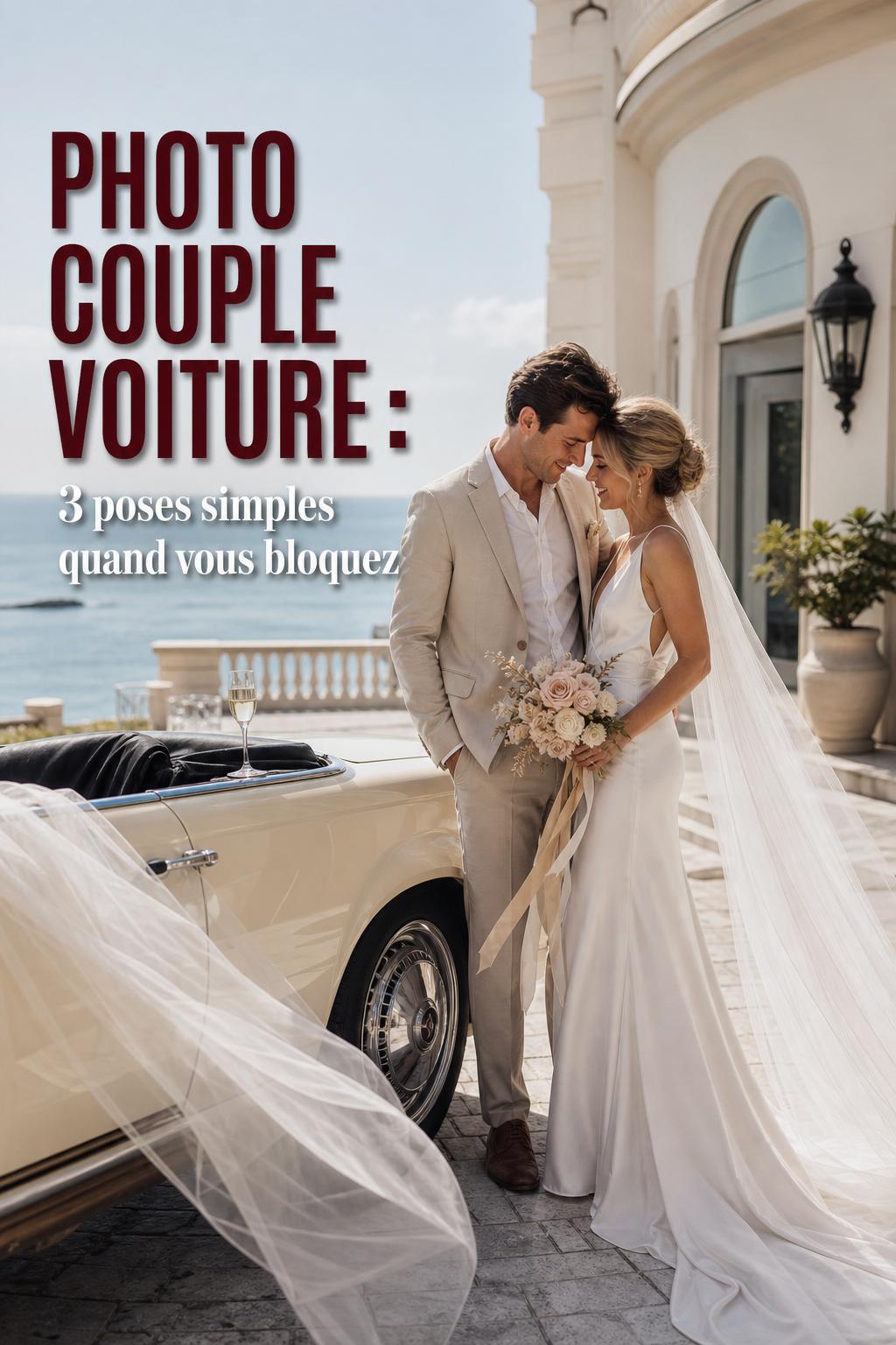 Photo couple voiture avec jeunes mariés près d’un cabriolet vintage, mariage de luxe en bord de mer