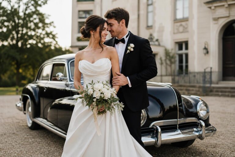 Photo couple voiture wedding portrait of newlyweds leaning by a vintage car in soft golden light