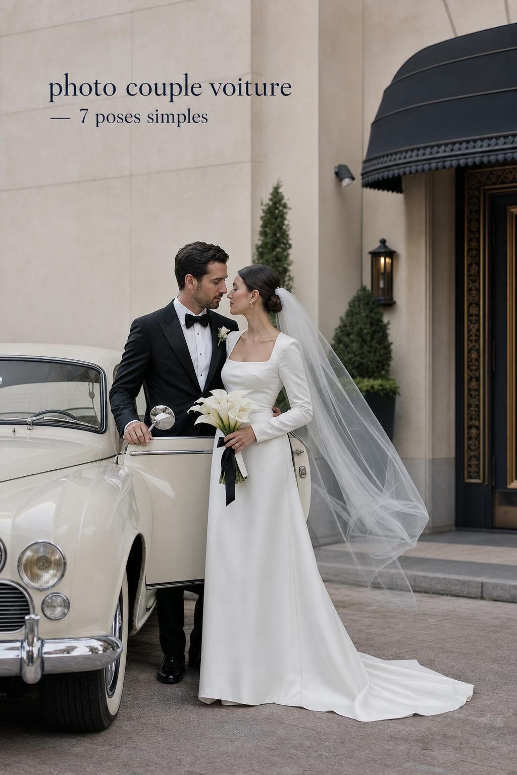 photo couple voiture wedding portrait with bride and groom by vintage cream getaway car at minimalist hotel entrance