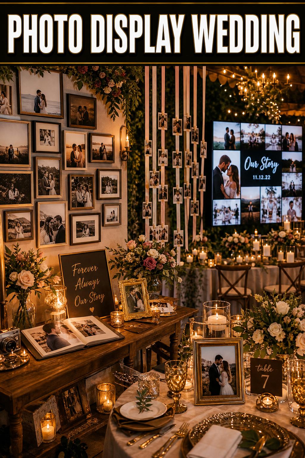 Photo display wedding with framed portraits and floral accents on a rustic table