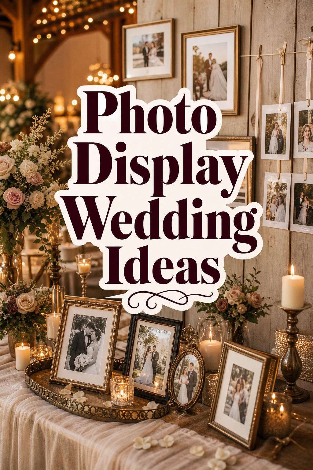 Photo display wedding ideas with framed photos, candles, and florals on a warm golden-hour reception memory table
