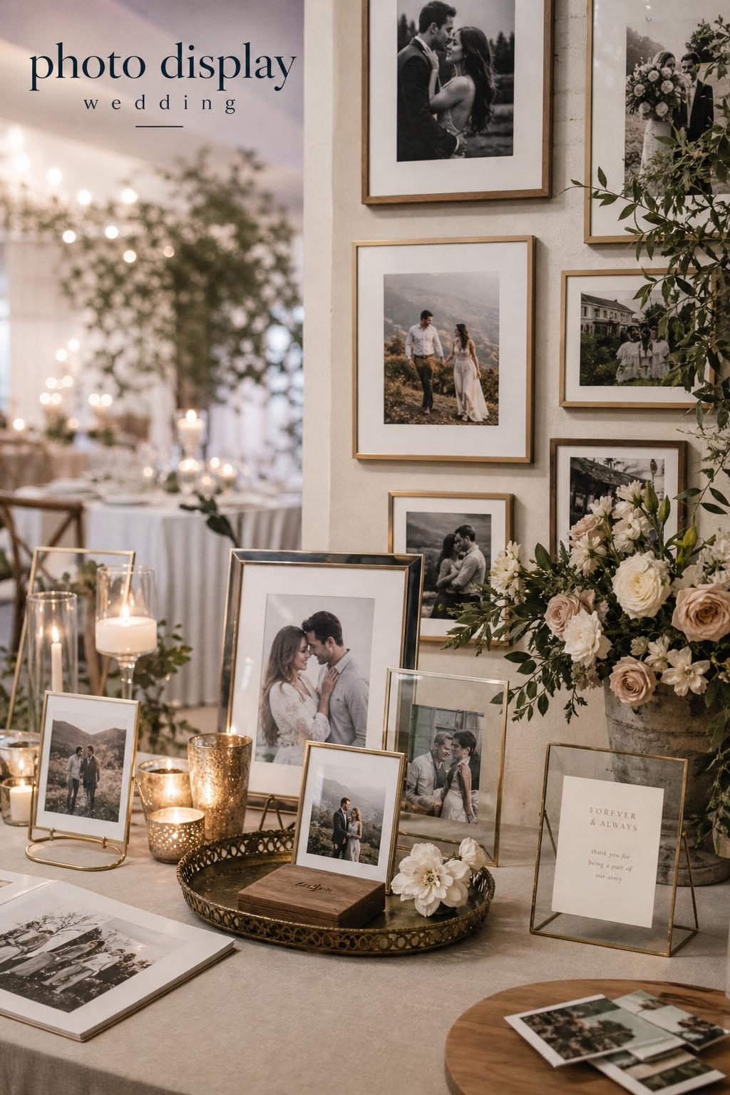Photo display wedding memory table with framed couple photos, candles, florals, and elegant gallery wall in a warm reception.