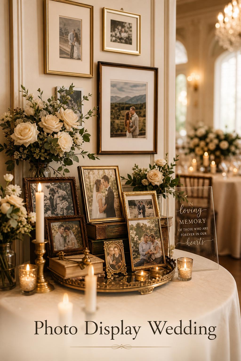 Photo display wedding memory table with framed family photos, candles, ivory florals, and brass accents in a candlelit reception