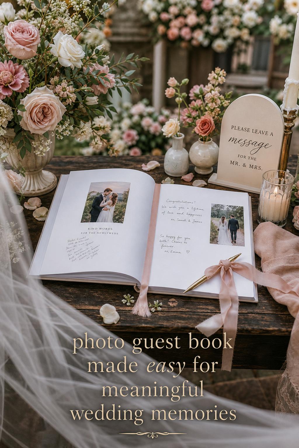 Photo guest book open on antique table with blush garden wedding florals and handwritten notes in soft spring daylight