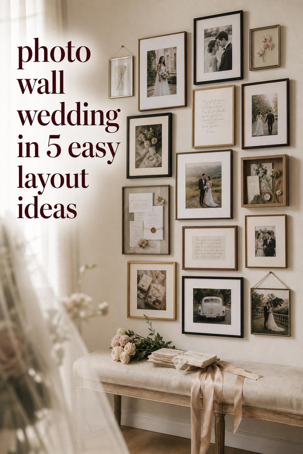 Photo wall wedding display with curated frames, vows, pressed florals, and bench styling in soft natural light.