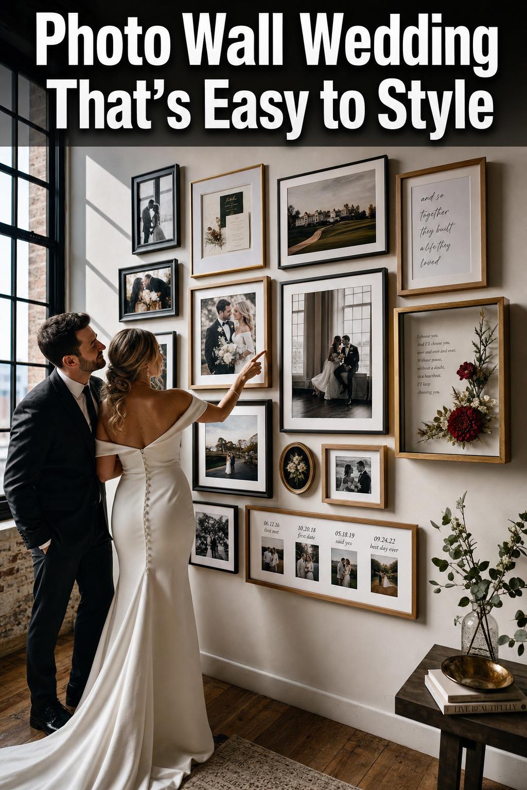 Photo wall wedding backdrop with elegant floral decor and soft lights in a reception venue